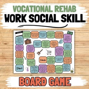 Könnte beinhalten: Ein Brettspiel mit dem Titel "VOCATIONAL REHAB WORK SOCIAL SKILL" mit farbenfrohen Fragen. Das Spiel enthält einen "Start"- und "Finish"-Bereich sowie Fragen zu Arbeitsszenarien. Die Worte "BOARD GAME" stehen unten.