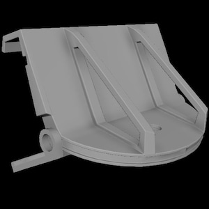 May include: A gray, three-dimensional model of a mechanical part. The part has a curved base, angled supports, and a cylindrical projection. The design appears to be for structural or mechanical use.