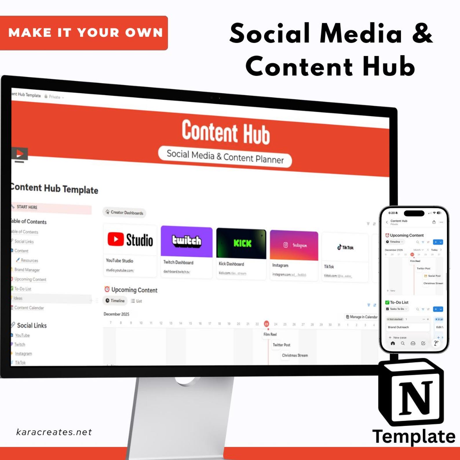 Content Creator Hub Notion Template | Social Media Planner (digital ...