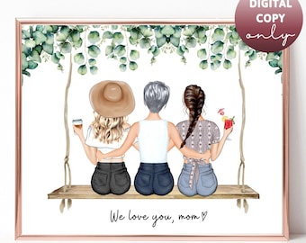 Retrato de madre e hija. Regalo personalizado. Regalo del día de la madre de la hija. Regalo para la madre. Regalo de cumpleaños para mamá. Regalo de Navidad personalizado.