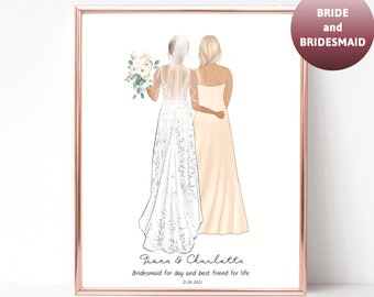 Bride and Maid of Honor Gift | Personalised Bridesmaid Print | Bridesmaid Gift | Wedding Gift for Bride | Wedding Illustration | Wedding Art