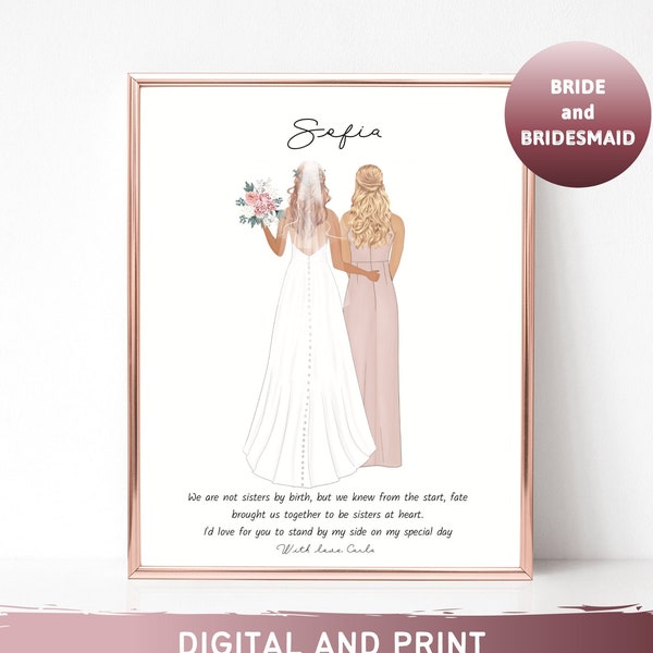 Personalised Bridesmaid Print Bridesmaid Gift Wedding Gift for Bride Wedding Illustration Personalized Custom Maid of Honor Gift Bridal