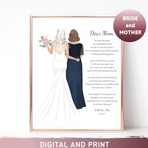 Dessin maman et fille, art du portrait personnalisé de la mariée et de la mère, mère de la mariée, art de mariage personnalisé, cadeau de mariage, citation d'art