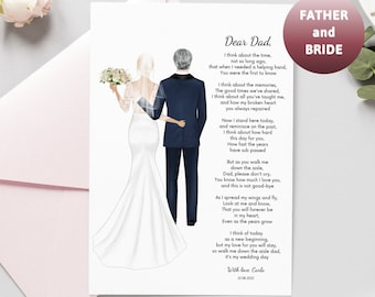 May include: A wedding card with a watercolor illustration of a bride and groom. The card features a poem addressed to the bride's father, expressing gratitude and love. The text reads "Dear Dad, I think about the time, not so long ago, that when I needed a helping hand, You were the first to know..."