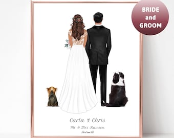 Personalized Wedding Print with dog Mr and Mrs Bride and Groom Gift Wedding Gift for Bride Wedding Keepsake Wedding Card Just Married Family