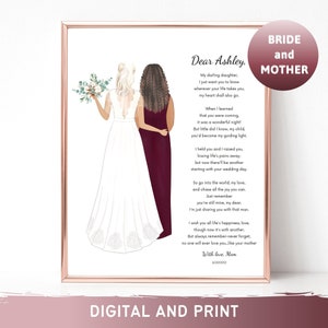 Poème de la mère de la mariée à sa fille Cadeau pour la mère de la mariée Cadeau personnalisé Cadeau de mariage Souvenir de mariage Carte de mariage imprimée