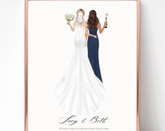 Bride and Maid of Honor | Bridesmaid Gift | Best Friends portrait | Wedding Gift for Bride | Wedding Illustration | Maid of Honour gift