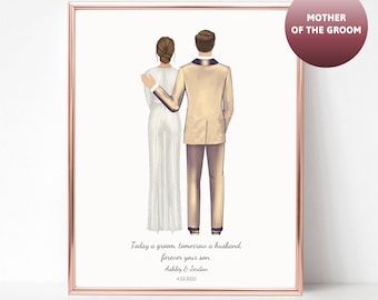 Retrato de boda del novio y la madre del novio, arte de boda personalizado, recuerdo de boda, regalo de boda único para la madre del novio