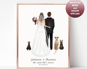 Personalized Wedding Print with dog Mr and Mrs Bride and Groom Gift Wedding Gift for Bride Wedding Keepsake Wedding Card Just Married Family