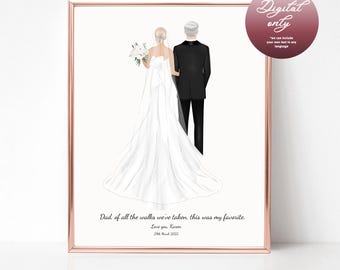 May include: A digital illustration of a bride and groom walking down the aisle. The bride is wearing a white wedding dress and the groom is wearing a black suit. The text reads "Dad, of all the walks we've taken, this was my favorite. Love you, Karen. 29th March 2025."