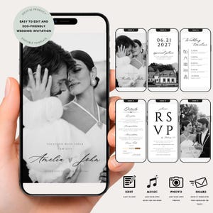 Puede incluir: Un teléfono inteligente muestra una invitación de boda digital. La pantalla principal muestra una foto en blanco y negro de una pareja. Pantallas adicionales muestran detalles de la boda, información de RSVP y una línea de tiempo. El texto incluye "Amelia & John" y "Invite You To Their Wedding."