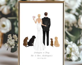 May include: A framed wedding portrait featuring a bride in a white gown and a groom in a black suit, standing with their backs to the viewer. Four dogs of different breeds are at their feet. The names "Delayne & Trey" and "Mr. & Mrs. Rodriguez" are printed below, along with the date "25th of May 2024".