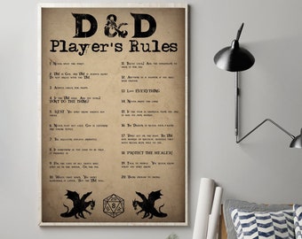 Player's Rules Poster Dungeons And Dragons Poster Dungeon RPG DND Gaming Tabletop Dragons Dice Games Gift Poster Wall Decor