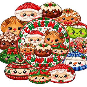 Puede incluir: Un gráfico circular con el texto CHRISTMAS DUMPLINGS rodeado de varios dumplings estilo caricatura decorados como personajes navideños, incluyendo a Santa, renos, elfos, un muñeco de nieve y un pudín, todos con ojos grandes y caras sonrientes.