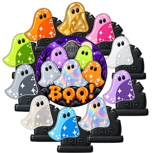 May include: A collection of colorful, glossy ghost figures in orange, yellow, pink, white, green, gray, blue, and iridescent hues, each featuring star accents and black eyes, surrounding a central circular graphic with the text BOO!