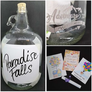 Paradise Falls Jar/ Jar Inspired by UP.  Gallon Sized Glass Jar with Paradise Falls Sign, &#39;Adventure is out there&#39; decal & secret message!