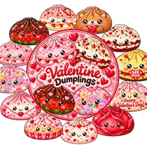 Może przedstawiać: Okrągła grafika z napisem Valentine Dumplings otoczona różnymi pierożkami w stylu kreskówkowym z buźkami. Wzory obejmują pierożki z truskawkami, serduszkami, motywem pszczoły oraz wypełnione cukierkami w odcieniach różu i czerwieni.