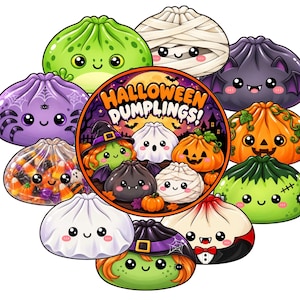 May include: A collection of cartoon-style dumplings themed for Halloween, featuring characters like a mummy, a bat, a pumpkin, and a ghost. A central circular emblem displays the text HALLOWEEN DUMPLINGS! surrounded by smaller illustrations of these festive food characters.