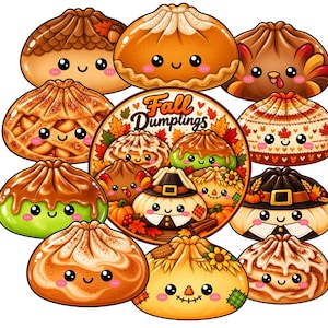May include: A collection of cartoon-style dumpling illustrations with smiling faces, featuring various autumn-themed designs like acorns, pies, turkeys, and pumpkins. A central circular graphic displays the text Fall Dumplings surrounded by colorful leaves.