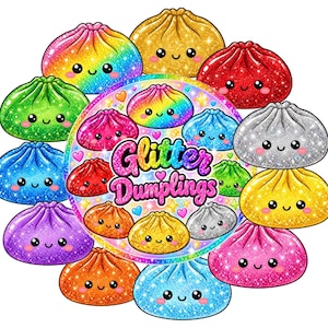 Puede incluir: Un gráfico circular con el texto Glitter Dumplings rodeado por una colección de coloridas y brillantes albóndigas estilo caricatura. Cada albóndiga tiene una cara sonriente con mejillas rosadas y está representada en colores arcoíris, rojo, azul, verde, amarillo, naranja, morado y plateado.