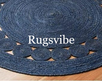 Blue Jute Rug: Round Braided Bohemian Area Rug