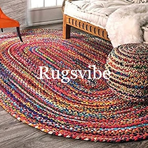 Cotton Rag Rug, Oval Braided Cotton Chindi Area Rugs/Carpet For Home Decor, Large Decorative Bohemian Rug, Meditation Mats