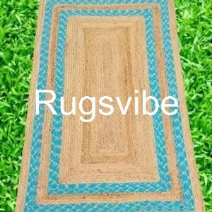 100% Natural Brown Jute Rug With Blue Cotton Border For Home,Rectangle Braided Area Rug/carpet For Bedroom,Natural Jute Rug, Custom Rug