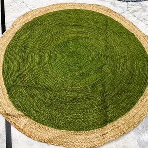 Round Dark Green Jute Rug With Natural Border,Braided Soft Jute Rugs For Home Decor, Custom Rug