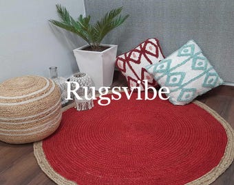Red Jute Round Rug: Handwoven Bohemian Rug with Brown Border,Natural Doormat For Home