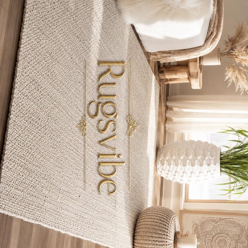 May include: A rectangular area rug with a textured, off-white woven surface. The word Rugsvibe is printed in gold lettering vertically in the center, flanked by two thin gold vertical lines and decorative gold flourishes on each side.