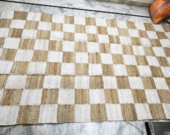 White Checkered Jute Rug For Home Decor,Brown And Natural Braided Bedroom Area Rugs/Floor Runner Rug, Large Bohemian Rug,Custom Rug