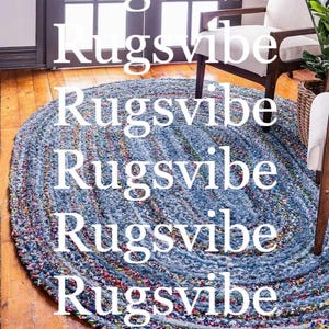 100% Natural Denim and Cotton Mix Fiber Rug, Blue Braided Area Oval Rug For Home Décor, Eco-Friendly Rug, Customs Size Rug