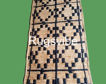 Handwoven Brown Jute Runner Rug: Rustic Black Braided Area Rug Room Decor