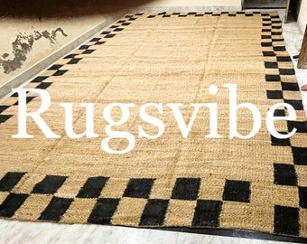 Natural Brown Hemp Jute With Black Checker Border,Large Hallway Area Rug,Custom Rug