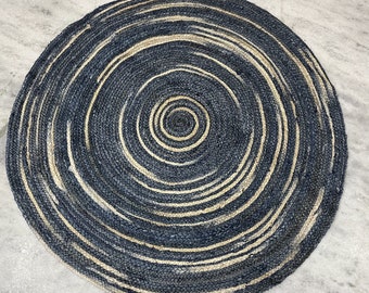 Handwoven Round Blue Jute Rug: Braided Bohemian Area Rug/ Doormat