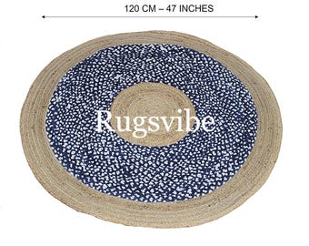 Handwoven Blue Cotton Jute Rug: Round Braided Bohemian Area Rug
