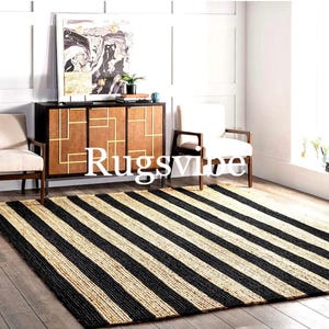 100% Genuine Black Striped Jute Rug ,Rectangle Braided Large Area Rug/Jute Carpet/Runner For Bedroom, Livingroom, Boho Rug Custom Rug