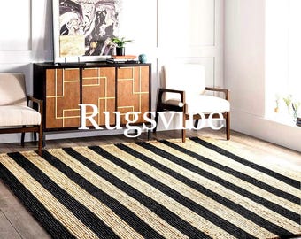 Alfombra de yute con rayas negras: alfombra bohemia tejida a mano