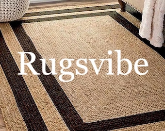 Handwoven Jute Rug: Natural Brown with Black Border, Bohemian Style