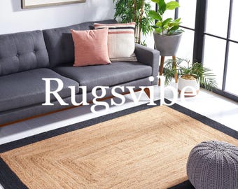 Handwoven Brown Jute Area Rug:  Eco Braided Rug with Black Border