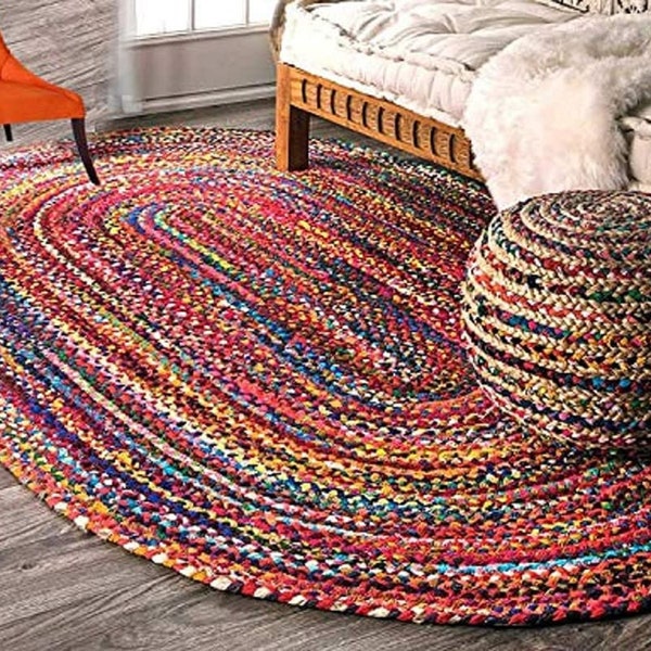 Cotton Rag Rug, Oval Braided Cotton Chindi Area Rugs/Carpet For Home Decor, Large Decorative Bohemian Rug, Meditation Mats