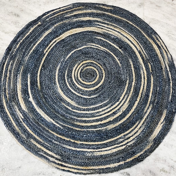 Alfombras de yute azules redondas 100% naturales, alfombras trenzadas suaves para el dormitorio del hogar, sala de estar, pasillo, alfombra de comedor de yute bohemio, alfombra personalizada