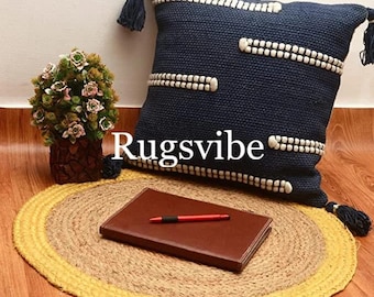Handwoven Round Jute Rug: Natural Brown with Yellow Border