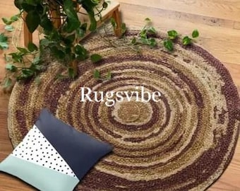 Round Braided Jute Rug: Maroon & Brown Rustic Area Rug