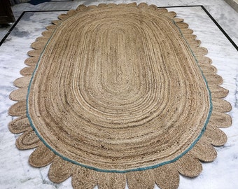 100% Natural Brown Oval Braided Jute Rug With Blue Border, Scalloped Area Rugs- Soft Bohemian Rug, Housewarming Large Jute Rug,Custom Rug