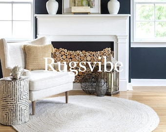 Handwoven White Jute Rug: Round Braided Bohemian Area Rug
