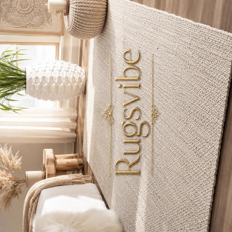 May include: A rectangular area rug with a thick, woven beige texture. The word Rugsvibe is written in gold, stylized script lettering vertically across the center, flanked by two thin gold lines with decorative filigree accents on each side.