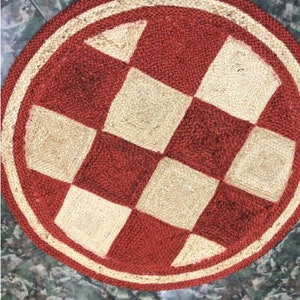 Red And Brown Checkered Jute Rug, Round Braided Area Rugs For Bedroom, Living Room,Natural Jute Doormats,Custom Rug