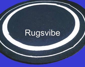 Handwoven Blue Jute Rug: Round Bohemian Area Rug with White Border