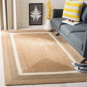 Natural Jute Rug With Combination of White Border, Square Braided Area Rug/Runners/Jute Carpet, Large Bohemian Rug, Boho Decor Rug